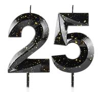 Bougies en forme de chiffre 25 pour 25e anniversaire - Bougie 3D noire et dorée - Cire de qualité supérieure et diamant 3D - Décoration de gâteau pour fête, anniversaire de mariage