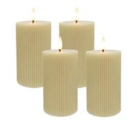 Bougies LED Relaxdays, Lot de 4, H x D: 13 x 7,5 cm, Flamme vacillante, Vraie Cire, rainures, sans Flamme, Beige