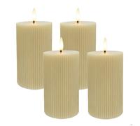 Bougies LED Relaxdays, lot de 4, H x D: 13 x 7,5 cm, flamme vacillante, vraie cire, rainures, sans flamme, beige