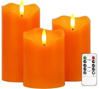 Bougies Sans Flamme, 3 Bougies LED Scintillantes avec TéLéCommande et Minuterie, à Intensité Variable et AlimentéEs par Piles, Bougies Pilier pour DéCorations D'Halloween et D'Automne (Orange)