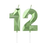 Bougies vert sauge pour 12e anniversaire, décorations de fête d'anniversaire pour garçons et filles, bougie 3D en forme de chiffre 12 pour gâteau, décoration de gâteau pour fête d'anniversaire