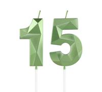 Bougies vert sauge pour 15e anniversaire, décorations de fête d'anniversaire pour garçons et filles, bougie 3D en forme de chiffre 15 pour gâteau, décoration de gâteau pour fête d'anniversaire