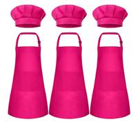 Bouiexye Lot de 3 tabliers pour enfants avec toque de chef - Tablier pour enfants réglable avec 2 poches - Pour la cuisine, la pâtisserie, la peinture et les loisirs créatifs (rouge rosé)