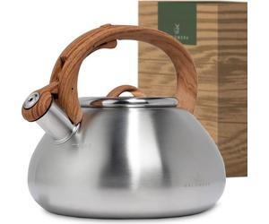 Bouilloir WALDWERK (2,3 l) - Bouilloir compatible avec les plaques à induction et les cuisinières à gaz - Bouilloir à thé avec poignée aspect bois - Bouilloir sifflant, en acier inoxydable et plastiqu