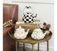 Bouilloire à café vintage en émail, style artistique damier vintage + damier classique noir et blanc/bleu et blanc Morandi en porcelaine multi-motifs + corps arrondi et bombé + poignée en céramique ré