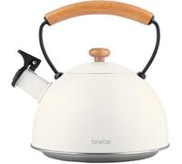 Bouilloire à Induction Théière Sifflet 2,3L Acier Inox, Poignée en Bois Briebe Nordic Blanc