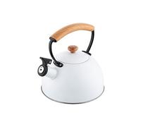 FLORINA Bouilloire en acier inoxydable NATURA (2,3 l) | Bouilloire sifflante avec poignée en bois | Sifflet automatique | Bouilloire pour plaque à induction, gazinière et plaque électrique | Blanc