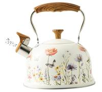 Bouilloire de table 3L, élégante bouilloire à sifflet en acier inoxydable alimentaire à motif floral et poignée en bois. Chauffe rapidement l'eau chaude. Idéale pour la maison, le camping et tous