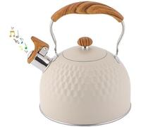 Bouilloire Inox 3L Avec Sifflet - Théière Pour Cuisinière À Induction Et Gaz De Cuisine Poignée Bois, Capacité Familiale(White)