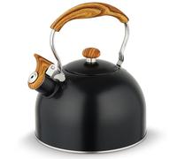 Bouilloire sifflante de 2,5 L en acier inoxydable pour cuisinière à gaz ou plaque à induction, théière avec poignée en bois et sifflet haut, bouilloire pour cuisine intérieure et extérieure (noir)