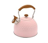 Bouilloire sifflante en acier inoxydable de 2,5 l avec poignée pliante à motif en bois, ébullition forte, poignée revêtue de silicone, compatible avec brûleurs électriques à gaz à induction, rose