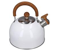 Bouilloire sifflante en acier inoxydable de 2,5 L - Blanc - Avec poignée en bois - Convient pour une utilisation sur plaques électriques, convections, céramiques et gaz