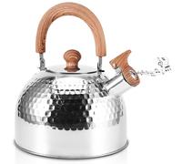 Bouilloire sifflante en acier inoxydable de 2 l avec poignée en bois | Bouilloire de camping pour cuisinière à gaz, plaque à induction, poêle à bois, bouilloire sifflante pour intérieur et