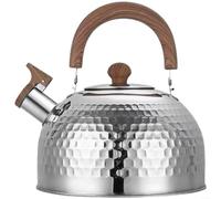 Bouilloire sifflante martelée en acier inoxydable, avec poignée en bois, grande capacité 2L/3L/4L, fond plat pour cuisinière à induction et à gaz (argenté)