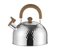 Bouilloire sifflante martelée en acier inoxydable, avec poignée ergonomique en bois, grande capacité, 2L, 3L, 4L, design à fond plat (argent)