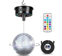 Boule disco avec moteur et lumière, moteur rotatif à jour avec boule de miroir de 15,2 cm, crochet, télécommande et câble, 12 modes de couleur et 30 perles LED, 6 vitesses pour effets de lumière disco