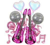 Boule disco - Décoration pour fêtes glamour - Ballons disco argentés - Ballons en forme de guitare - Ballons en forme de cœur irisés et ballons à partitions - Pour fête rétro des années 70, 80, 90