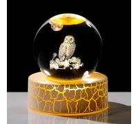 Boule en cristal, 6 cm, Hibou, gravure 3D, figurines avec lumières chaleureuses