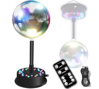 Boule lumineuse miroir avec télécommande, 23 LED RGBW moteur rotatif réglable 5-10 tr/min avec boule miroir argentée de 15,2 cm avec mode multi-lumière et commande vocale pour fêtes, décoration