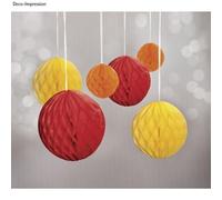 Boules Alvéolées À Suspendre, Rouge / Jaune / Orange, 5 / 8 / 10cm Coul. Assorties, 6 Pces