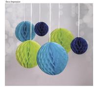 Boules Alvéolées À Suspendre, Vert Clair / Bleu Clair / Bleu Foncé, 5 / 8 / 10cm Coul. Assorties, 6p