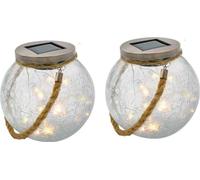 Boules Solaires, Lot de 2, Verre Craquelé, Poignée Corde, LED Blanc Chaud, H13 cm