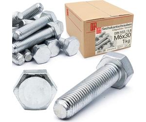 Boulons hexagonaux M6x30 DIN 933 acier galvanisé 5.8, filetage complet, vis hexagonales, visserie boulonnerie pour assemblage métal, construction, bricolage, 1 kg (env. 130 pcs)