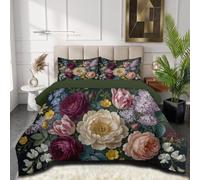 Bouquet Classique Européen Couette 200x200cm,Pourpre Vineux Lavable en Machine Couettes,Pivoine Blanche Rose Violette Couette Réversible sans Housse, Couettes 4 Saisons Légère avec 2 Taies d'oreiller