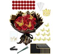 Bouquet de 24 roses pailletées, bouquet de roses rouges pailletées, bouquet de roses artificielles à composer soi-même avec une couronne et un papillon doré, pour la Saint-Valentin, un mariage, un ann