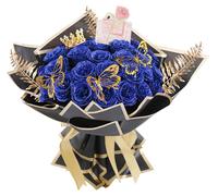 Bouquet de 24 roses pailletées, roses artificielles à composer soi-même avec des fleurs pailletées et une couronne, carte postale, bouquet de roses pailletées, fleurs artificielles bleues pour la Sain