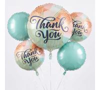 Bouquet de ballons en aluminium Thank You - Élégant ensemble de 5 pièces | Finition Mylar, imprimé aquarelle blush, motif script marine, accents géométriques dorés, rubans à friser blancs