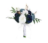Bouquet de fleurs artificielles pour mariée et demoiselle d'honneur - Grand bouquet de mariée - Blanc champagne ivoire - Roses en soie pour mariage - Vintage - Boho - Décoration d'église (bleu, 29 x
