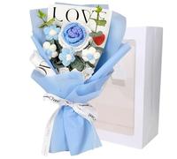 Bouquet de Fleurs au Crochet, 7.9x11.8" Roses, 5 Têtes de Fleurs Tricotées, pour Mariage, Saint-Valentin, Anniversaire, Fête des Mères - Bleu