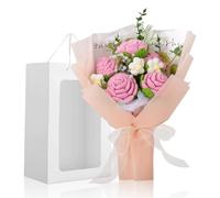 Bouquet de fleurs crochetées, fait à la main, rose et blanc, avec sac cadeau
