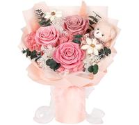 Bouquet de Rose Eternelle avec Ours, 3 Roses Rose, Fleur Eternelle Cadeau pour Femme, Maman, Épouse, Amie, Jeune Fille, pour Anniversaire, Saint-Valentin, Fete des Meres (Sans Vase)