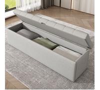 Bout de lit avec rangement 141 × 41,5 × 47 cm assise rembourrée - YEAVIO - lin, coffre intégré, chambre - gris clair