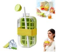 Bouteille à glaçons avec paille, bac à glaçons 2 en 1 sans contact et bouteille d'eau, design vertical facile à démouler avec couvercle pour congélateur (vert, 800 ml)