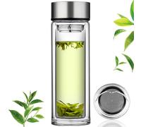 Bouteille à thé en verre borosilicaté double paroi en verre trempé de voyage étanche avec passoire pour thé en vrac, boissons, café, eau 350 ml