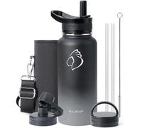 Bouteille de 1 litre avec paille, bouteille isotherme BUZIO avec paille et bouteille isotherme de sport, bouteille isotherme anti-fuites, noir/gris