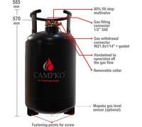 Bouteille de gaz CAMPKO de 30 litres avec multivanne à 80 % (Allemagne)