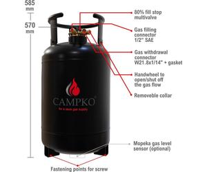 Bouteille de gaz CAMPKO de 30 litres avec multivanne à 80 % (Allemagne)