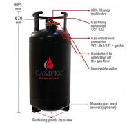 Bouteille de gaz CAMPKO de 36 litres avec valve multiple, valve de sécurité anti-surcharge OPD à 80 %