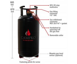 Bouteille de gaz CAMPKO de 36 litres avec valve multiple, valve de sécurité anti-surcharge OPD à 80 %