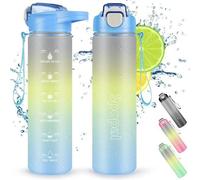 Bouteille de sport anti-fuites, 1 L, en Tritan, avec repères horaires et paille, sans BPA, pour le camping, les activités de plein air, le yoga et le vélo (bleu)