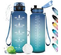Bouteille de sport Unyqoos® de 1,5 L avec indicateurs de temps et citations motivantes, en plastique de qualité alimentaire, étanche grâce à un joint en silicone, ouverture à une main, filtre intégré