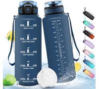 Bouteille de sport Unyqoos® de 1,5 litre – étanche, avec indicateur de temps et couvercle rabattable (ressort métallique dissimulé), plastique de qualité alimentaire, filtre à fruits, boucle de transp
