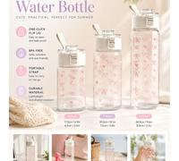 Bouteille d'eau avec couvercle à ressort imprimé cœur, tasse à boire portable en plastique avec sangle de transport, couvercle à ressort anti-fuite à un seul toucher, plusieurs capacités 500/700/1000m