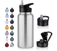 Bouteille d'eau en acier inoxydable Ibenzoa® de 1 litre – Acier inoxydable 18/8, double paroi isolée sous vide, maintient les boissons froides pendant 24 heures et chaudes pendant 12 heures, 2 bouchon