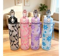 Bouteille d'eau en PC mat de 750 ml avec motif nœud papillon mignon, anti-fuite, avec paille et poignée de transport, couvercle à ressort Blue