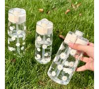 Bouteille d'eau en plastique avec casquette à ressort Daisy - 400 ml, 600 ml, 800 ml | Bouteille de jus durable et portable avec couvercle et paille - Cadeau parfait pour la famille, les amis, les sœu